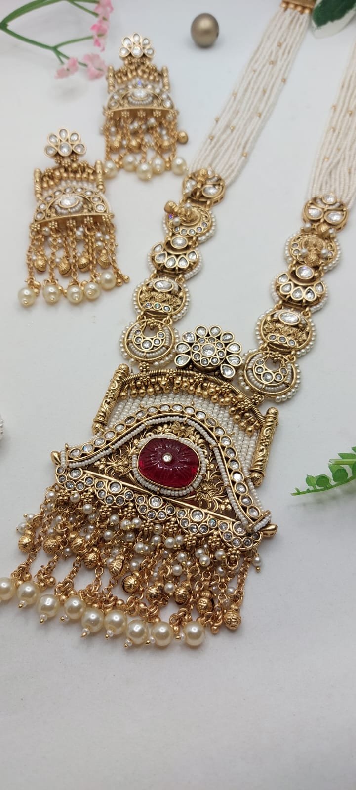 Heritage Pearl Kundan Long Necklace Set with Statement Jhumka Earrings Gallery Image