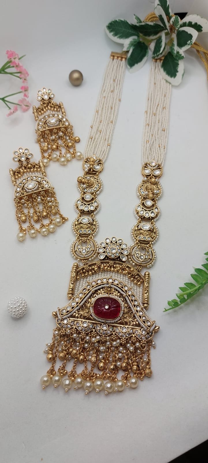 Heritage Pearl Kundan Long Necklace Set with Statement Jhumka Earrings